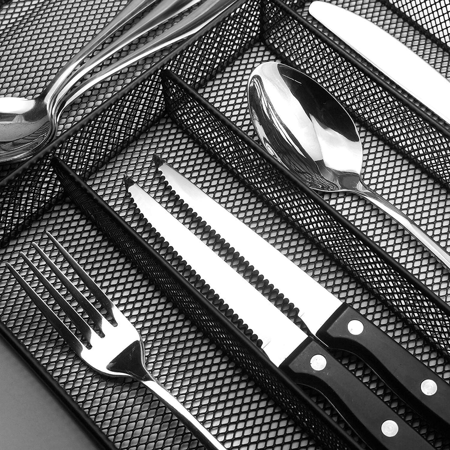 Sedegn Silverware Organizer Metal Mesh, Small Drawer Organizer, Utensil Cutlery Tray for kitchen drawers, Flatware Organizer with 5 Compartment, Black(9.3"*12.6")