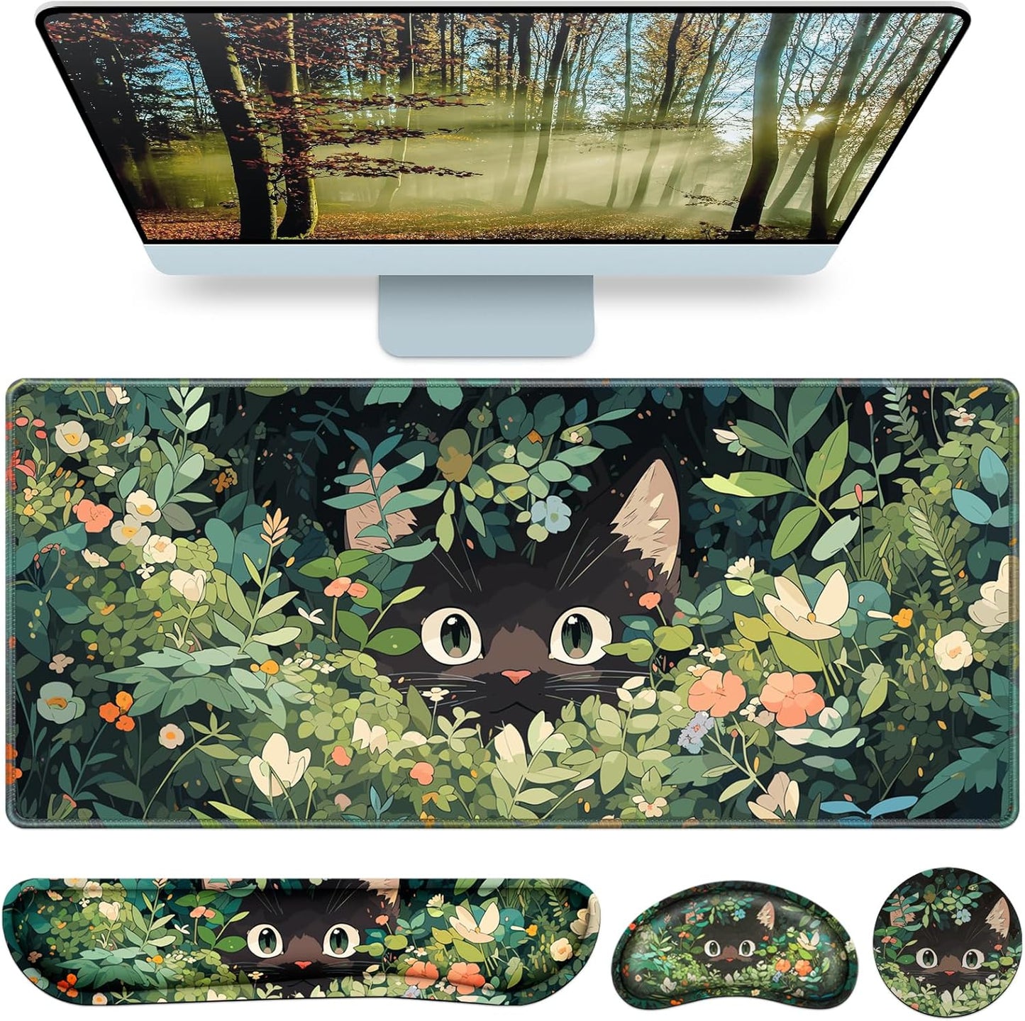 Desk Mat, Large Gaming Mouse Pad with Wrist Rest, 4in1 XXL Mousepad+Keyboard Wrist Rest+Mouse Pad Wrist Support+Cup Coaster Set Ergonomic Floral Computer Desk Arm Wrist for Decor Home Office Women