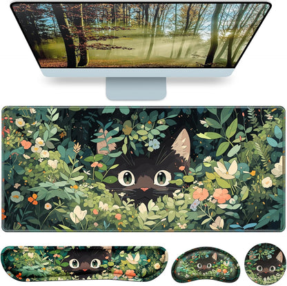 Desk Mat, Large Gaming Mouse Pad with Wrist Rest, 4in1 XXL Mousepad+Keyboard Wrist Rest+Mouse Pad Wrist Support+Cup Coaster Set Ergonomic Floral Computer Desk Arm Wrist for Decor Home Office Women