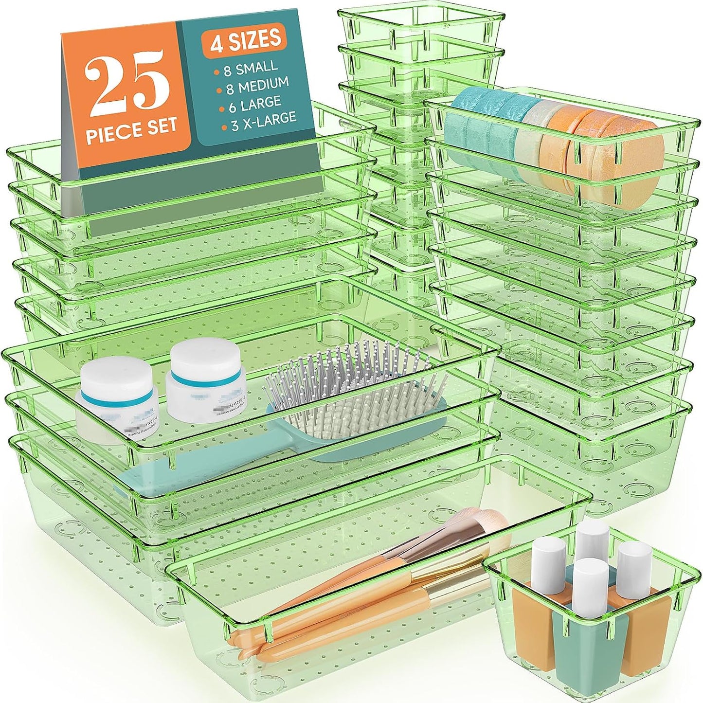WOWBOX 25 PCS Clear Plastic Drawer Organizer Set, 4 Sizes Desk Drawer Divider Organizers and Storage Bins for Makeup, Jewelry, Gadgets for Kitchen, Bedroom, Bathroom, Office