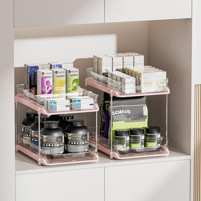 Delamu 2-Tier Multi-Purpose Bathroom Under Sink Organizers and Storage, Stackable Kitchen Pantry Organization, Pull Out Medicine Cabinet Organizer with Movable Dividers, White, 2 Pack