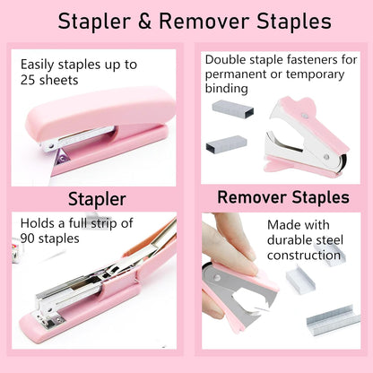 Famassi Rose Gold Desk Accessories，Office Supplies Set Acrylic Stapler Set Staple Remover, Tape Holder, 2 Ballpoint Pen, Scissor, Binder/Paper Clips and 1000pcs Staples.