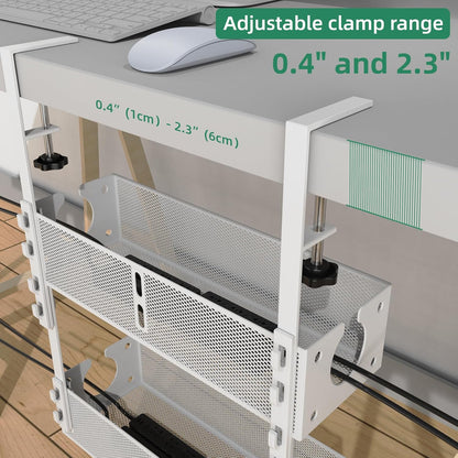 Multi-Model Under Desk Cable Management 2 Pack Metal Under Desk Wire Management Tray Clamp Mount Under Table Cord Management No Damage The Desk（White）