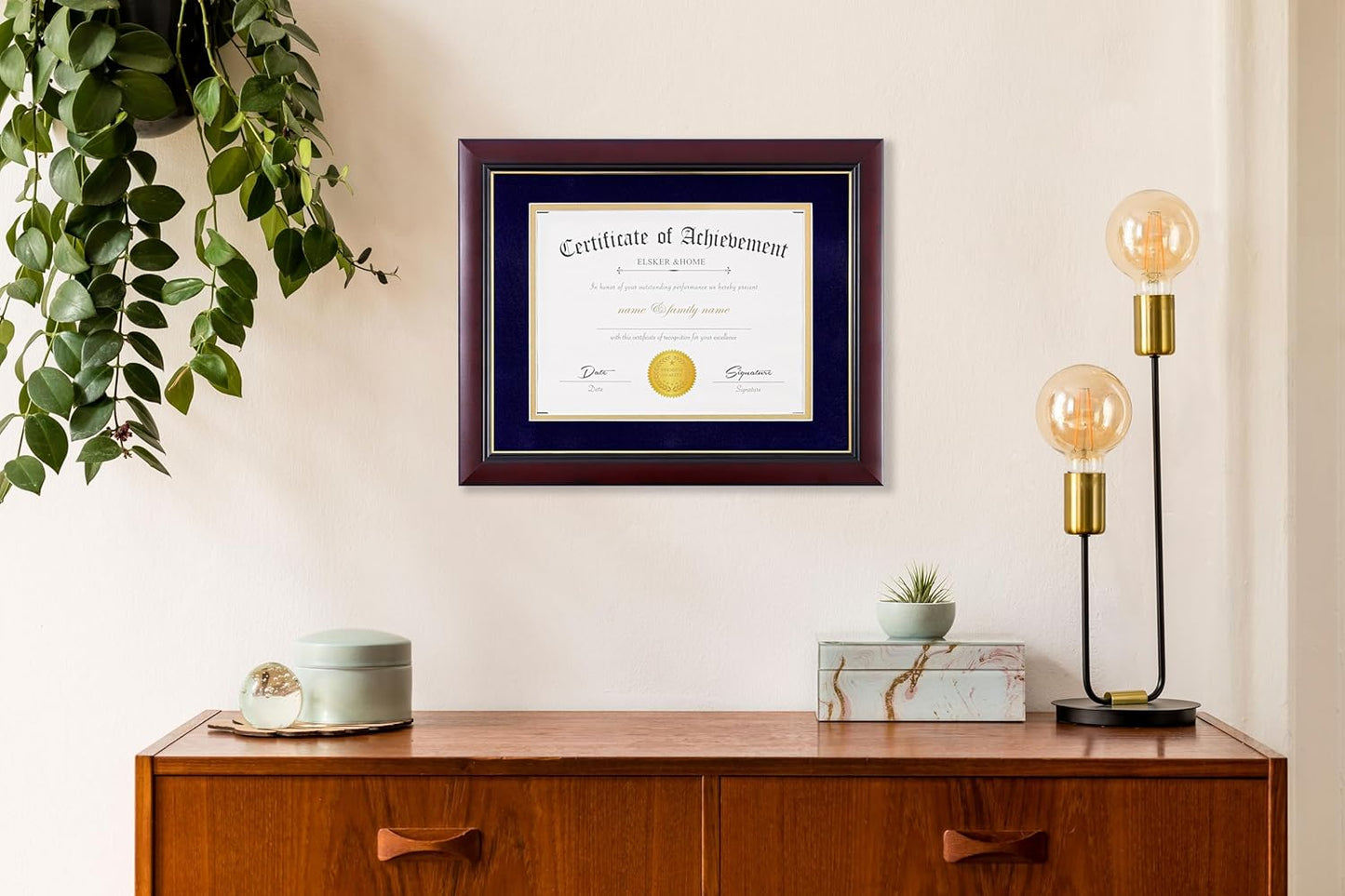 ELSKER&HOME Diploma Frame - Wide Solid Wood Frame - Black Velvet Golden Rim Mat - Semi-Tempered Glass - Includes Hanging Hardware and Desktop Easel(ONLY Display 11×14 Document/Certificate)