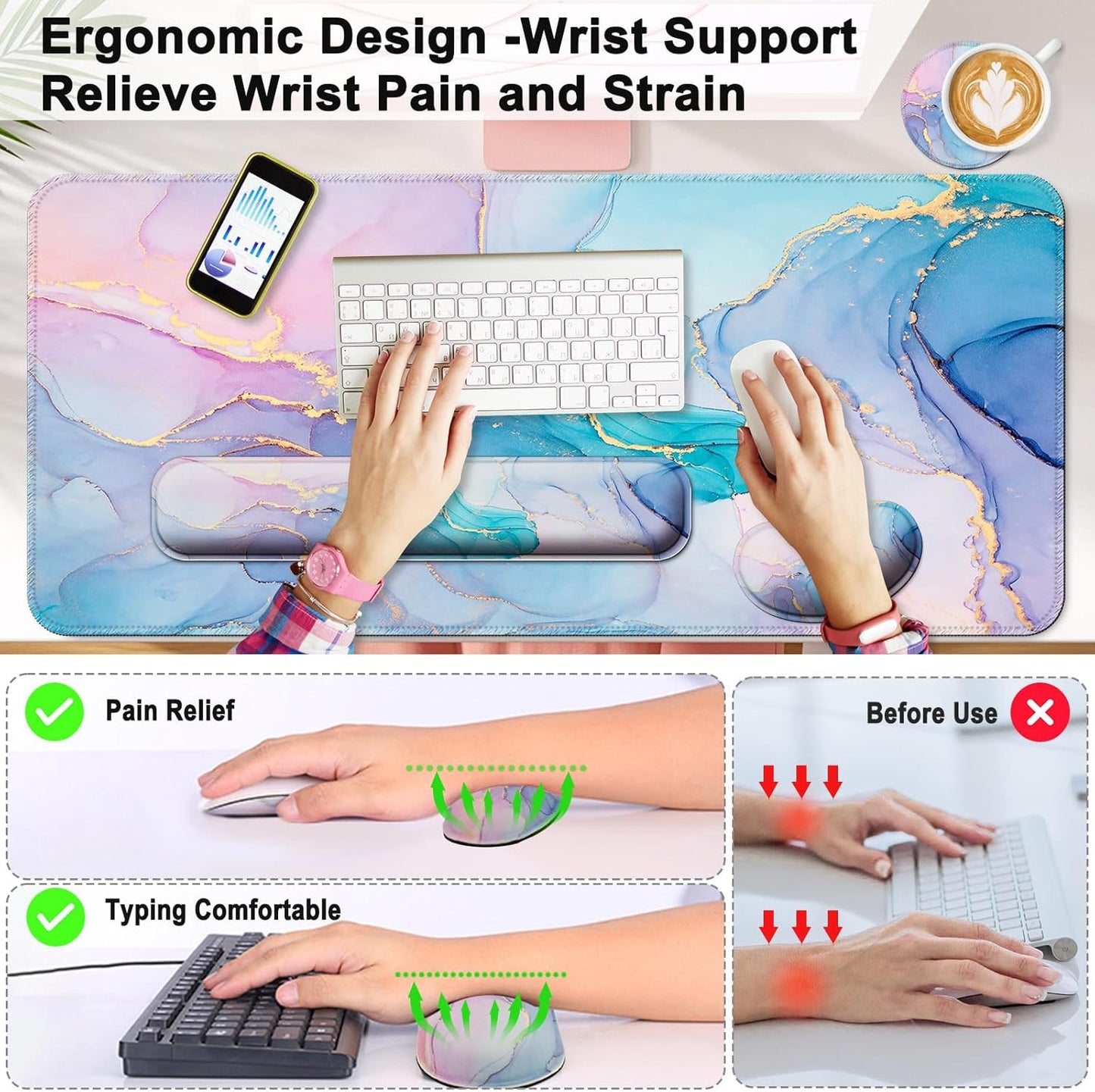 Keyboard Wrist Rest + Mouse Pad with Wrist Support + Desk Mat + Coaster 4 in 1 Set, XXL Large Gaming Mousepad Cute Ergonomic Mouse Pads for Desk Computer Laptop Office Decor-Beach