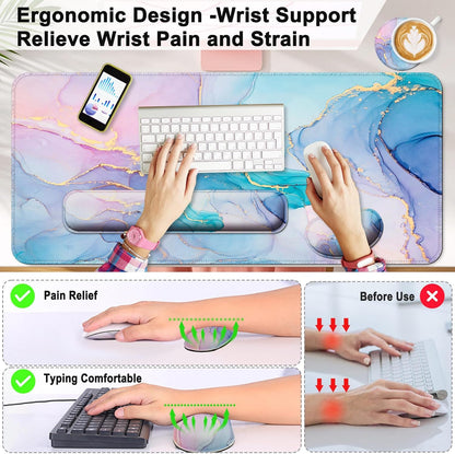 Keyboard Wrist Rest + Mouse Pad with Wrist Support + Desk Mat + Coaster 4 in 1 Set, XXL Large Gaming Mousepad Cute Ergonomic Mouse Pads for Desk Computer Laptop Office Decor-Beach