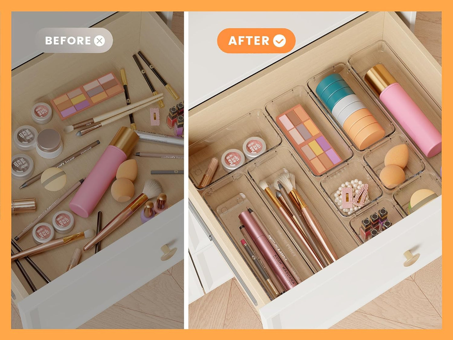 DCA 14 PCS Clear Drawer Organizer, Acrylic Makeup Organizers, Vanity Drawer Organizer Trays, Bathroom Organizers and Storage Bins Ideal Gift for Her