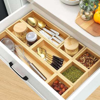 Bamboo Drawer Organizer Set, 5 PCS Multi-Use Individual Wood Storage Organizers, Junk Drawer Divider and Storage Trays Containers for Kitchen, Bathroom, Office Desk, Makeup, Jewelry, Utensils
