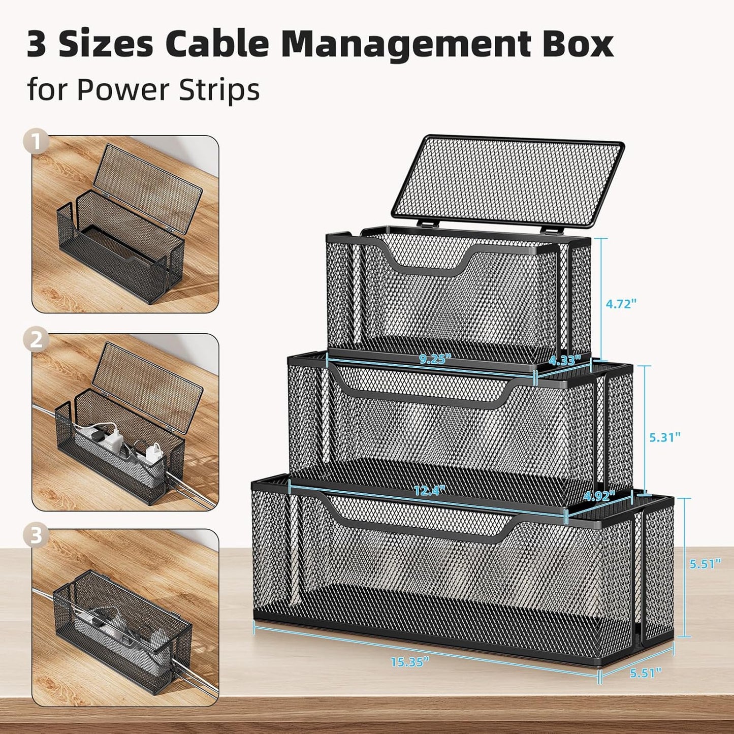 3 Pack Cable Management Box, Metal Mesh Cord Organizer Box for TV Wires, Electrical Hiding, Power Strip – Under Desk Cable Storage Box with Cable Clips&Reusable Cable Ties for HomeOffice - White