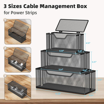 3 Pack Cable Management Box, Metal Mesh Cord Organizer Box for TV Wires, Electrical Hiding, Power Strip – Under Desk Cable Storage Box with Cable Clips&Reusable Cable Ties for HomeOffice - White