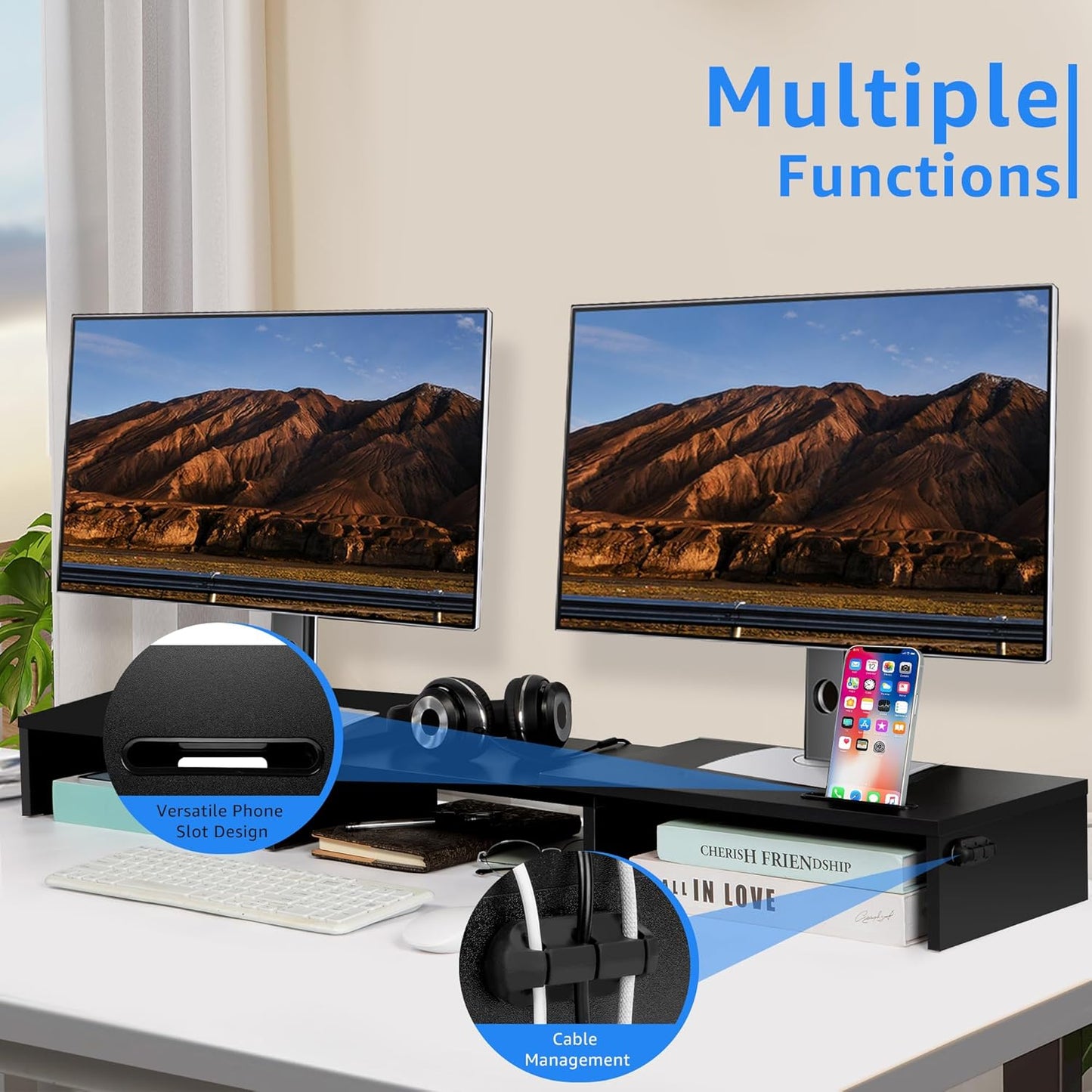 La Jaco Dual Monitor Stand Riser for 2 Monitors, Monitor Stand for Desk, Adjustable Length & Swivel Angle Wooden Desktop Organizer Stand Riser with Smartphone Holder for PC Monitor Laptop, White