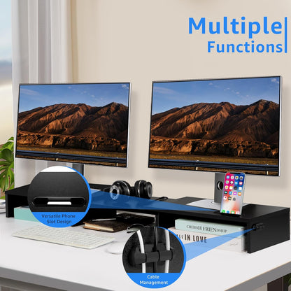 La Jaco Dual Monitor Stand Riser for 2 Monitors, Monitor Stand for Desk, Adjustable Length & Swivel Angle Wooden Desktop Organizer Stand Riser with Smartphone Holder for PC Monitor Laptop, White