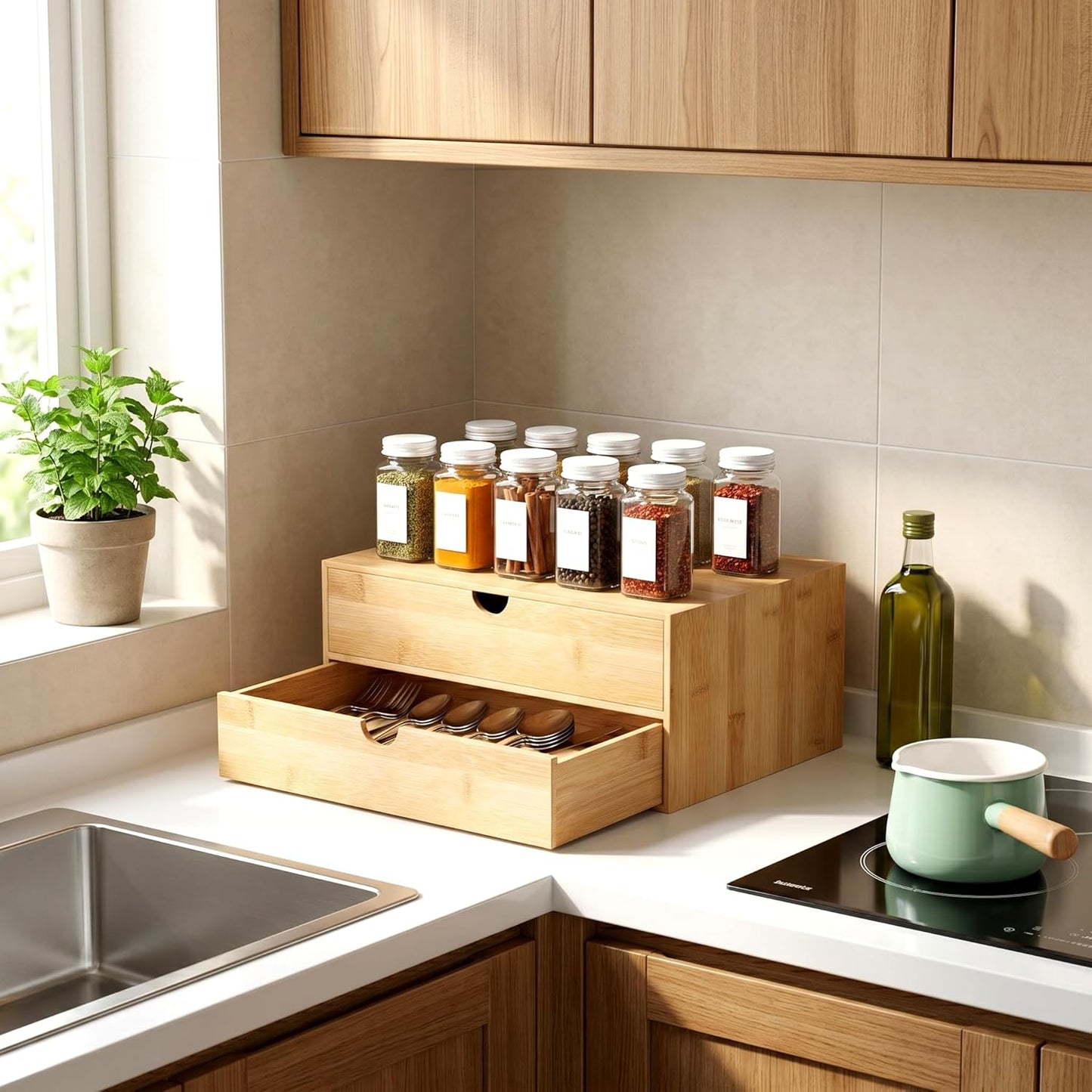 Desk Organizer with Drawers - Bamboo Desktop Organizer Storage | Wood Desk Drawers Organizer for Bills, Office Supplies, Cosmetics, Seals No Assembly Required (3 Drawer with Big Drawer)