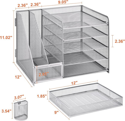 Marbrasse Desk Organizer with File Holder, 5-Tier Paper Letter Tray Organizer with Drawer and 2 Pen Holder, Mesh Desktop Organizer and Storage with Magazine Holder for Office Supplies(Black)