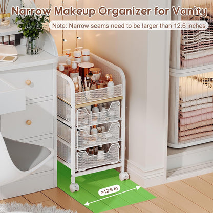 Hongtamoya Rolling Makeup Cart Organizer with 2 Drawers, Narrow Floor Skincare Organizers, Vanity Organizer Cosmetics Display Cases Holder for Skin Care Nail Polish Perfume Makeup Brush, White