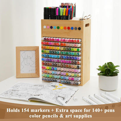 Marker Organizer for Desk - 154 Capacity Wooden Marker Holder - Ergonomic Handles - Additional Art Supply Storage Rack for 130 Alcohol Markers, Pens, and Pencils - Desktop Stand for Markers - Bamboo