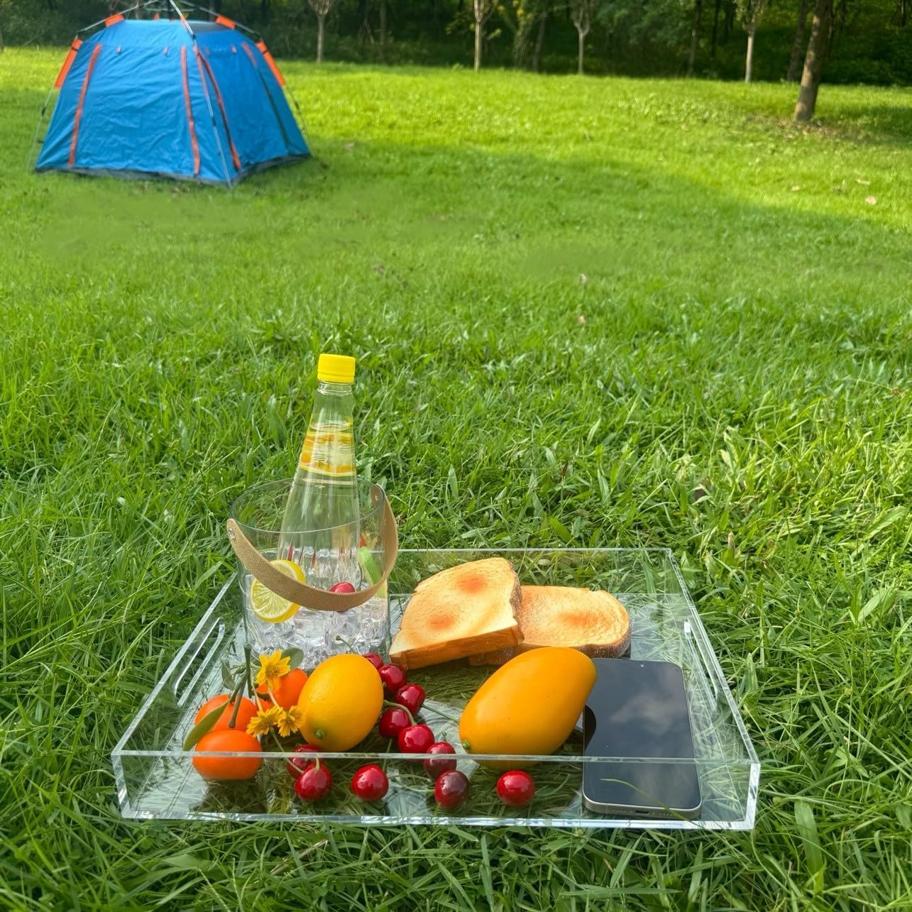 KEVLANG Clear Sturdy Acrylic Serving Tray with Handles-12x16Inch-Serving Coffee,Appetizer,Breakfast,Butler-Kitchen Countertop -Makeup Drawer Organizer-Vanity Table -Ottoman