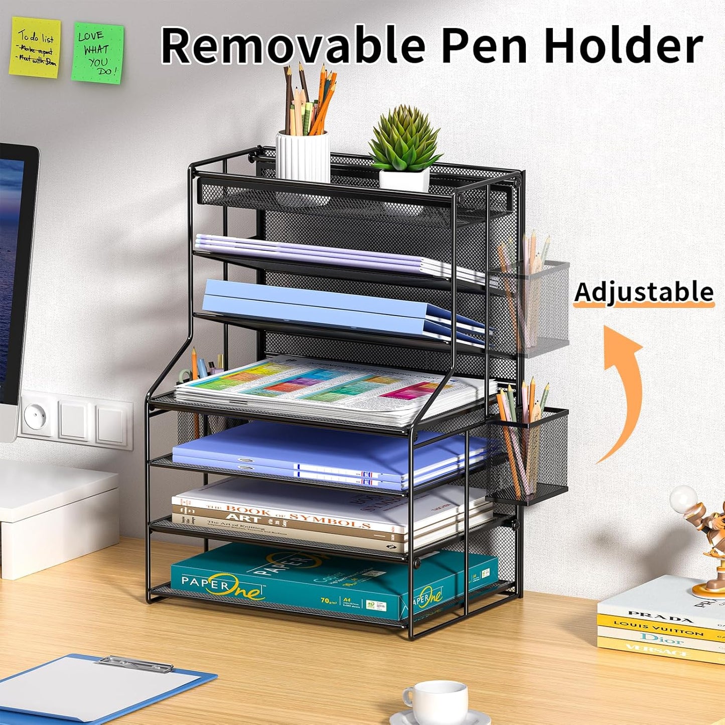 7 Tier Desk File Organizer – Vertical File Organizer for Desk with Removable Pen Holder & Adjustable Pull-out Drawer – Metal Document Organizer for Office, Simple Trending Design – Black