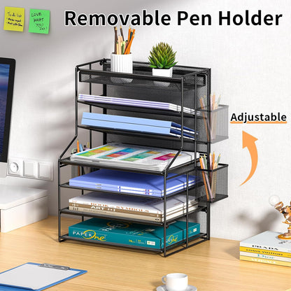 7 Tier Desk File Organizer – Vertical File Organizer for Desk with Removable Pen Holder & Adjustable Pull-out Drawer – Metal Document Organizer for Office, Simple Trending Design – Black