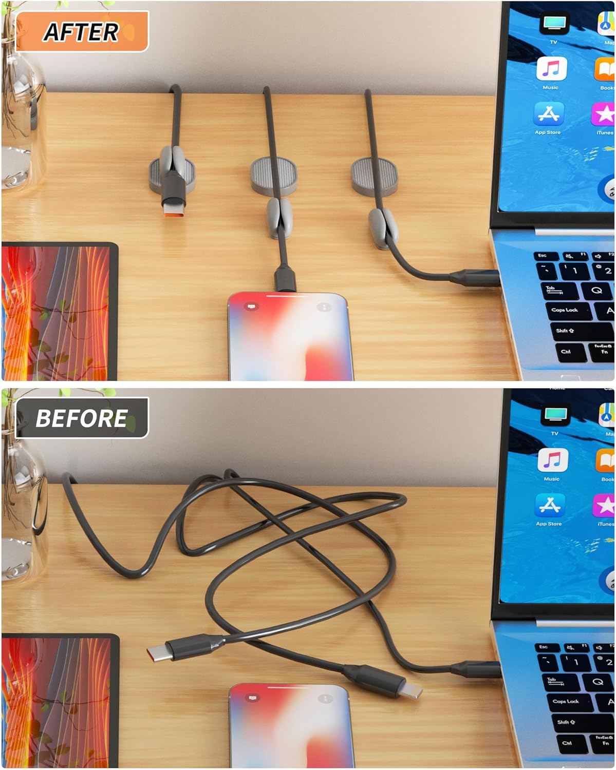 5-Pack Magnetic Cable Clips Cord Organizer - Smoothly Adjustable, Puretor Desk Cable Management Clips. Ideal Wire Holders for Desktop, Nightstand, Wall - Perfect for Home Office, Phone, Car (Black)