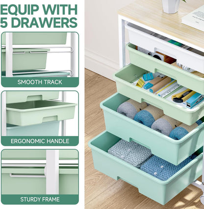 SYKIARIOL Utility Cart with 5 Drawers,Storage Cart with Wooden Tabletop and Lockable Wheels,Craft Storage Trolley Organizer,5-Tier Rolling Utility on Wheels,Light Green