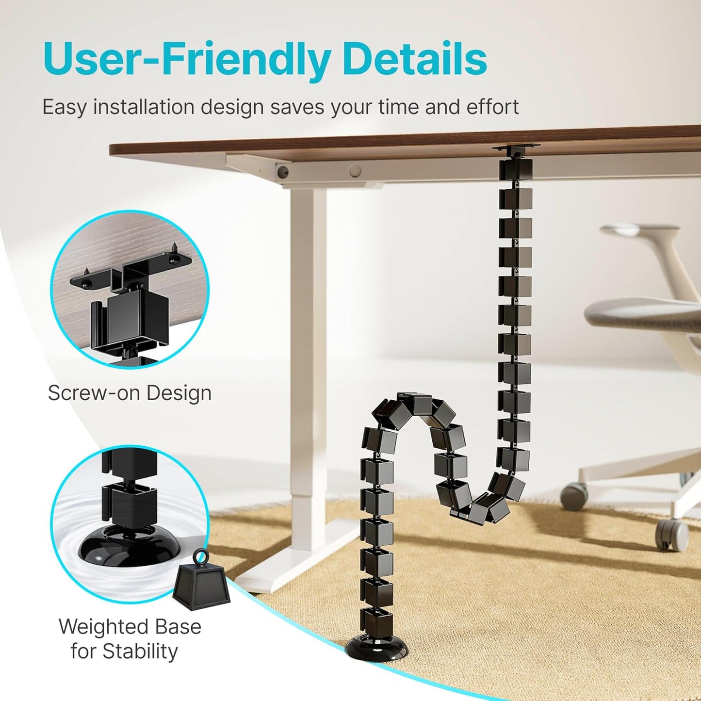 PEGZONE Under Desk Cable Management Spine – Flexible Cable Snake Organizer for Standing Desk, Tool-Free Magnetic Vertebrae Wire Management for 0.4"-2" Table, White