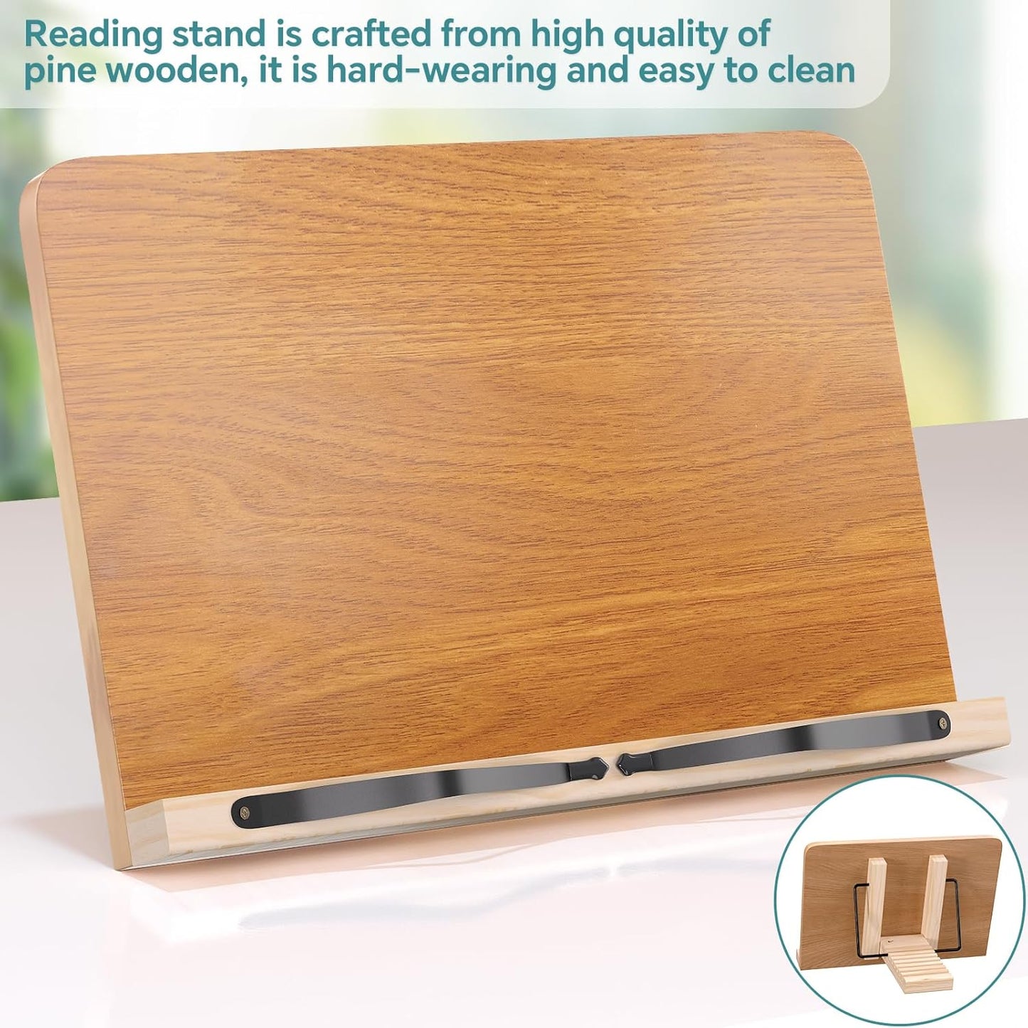 Book Stand for Reading,8 Adjustable Height Holder Tray with Page Clips for Textbook/Cookbook/Music Scores/Tablet/,Lightweight Reading Hands Free Desktop Document Book Mount,Bamboo Holder-Oak Brown