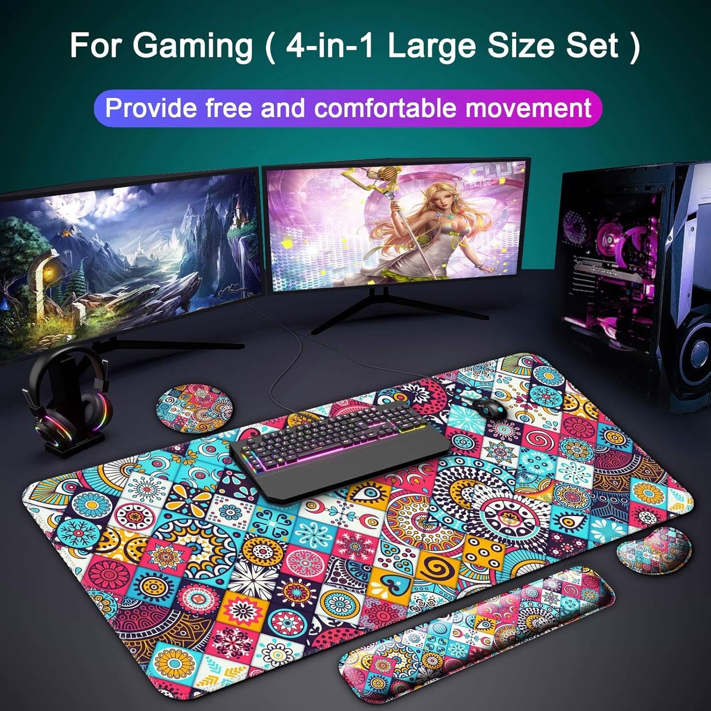Keyboard Wrist Rest + Mouse Pad with Wrist Support + Desk Mat + Coaster 4 in 1 Set, XXL Large Gaming Mousepad Cute Ergonomic Mouse Pads for Desk Computer Laptop Office Decor-Beach