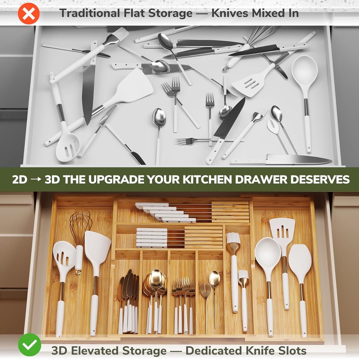 BAMEOS drawer organizer flatware organizer cutlery tray silverware organizer expandable adjustable bamboo drawer organizer kitchen bathroom