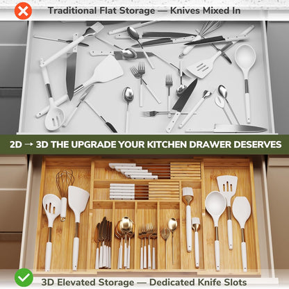 BAMEOS drawer organizer flatware organizer cutlery tray silverware organizer expandable adjustable bamboo drawer organizer kitchen bathroom