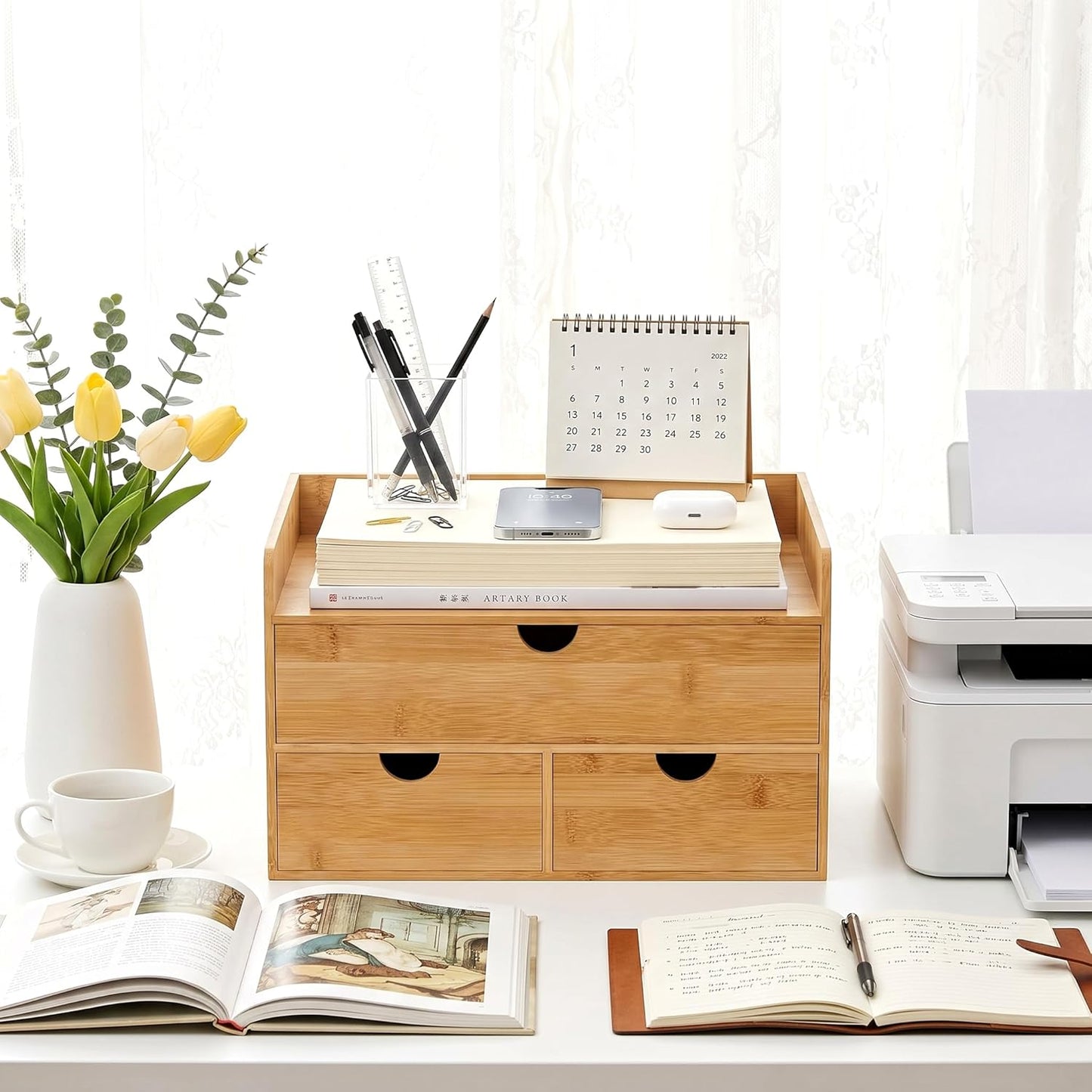 Desk Organizer with Drawers - Bamboo Desktop Organizer Storage | Wood Desk Drawers Organizer for Bills, Office Supplies, Cosmetics, Seals No Assembly Required (3 Drawer with Big Drawer)