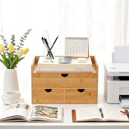 Desk Organizer with Drawers - Bamboo Desktop Organizer Storage | Wood Desk Drawers Organizer for Bills, Office Supplies, Cosmetics, Seals No Assembly Required (3 Drawer with Big Drawer)