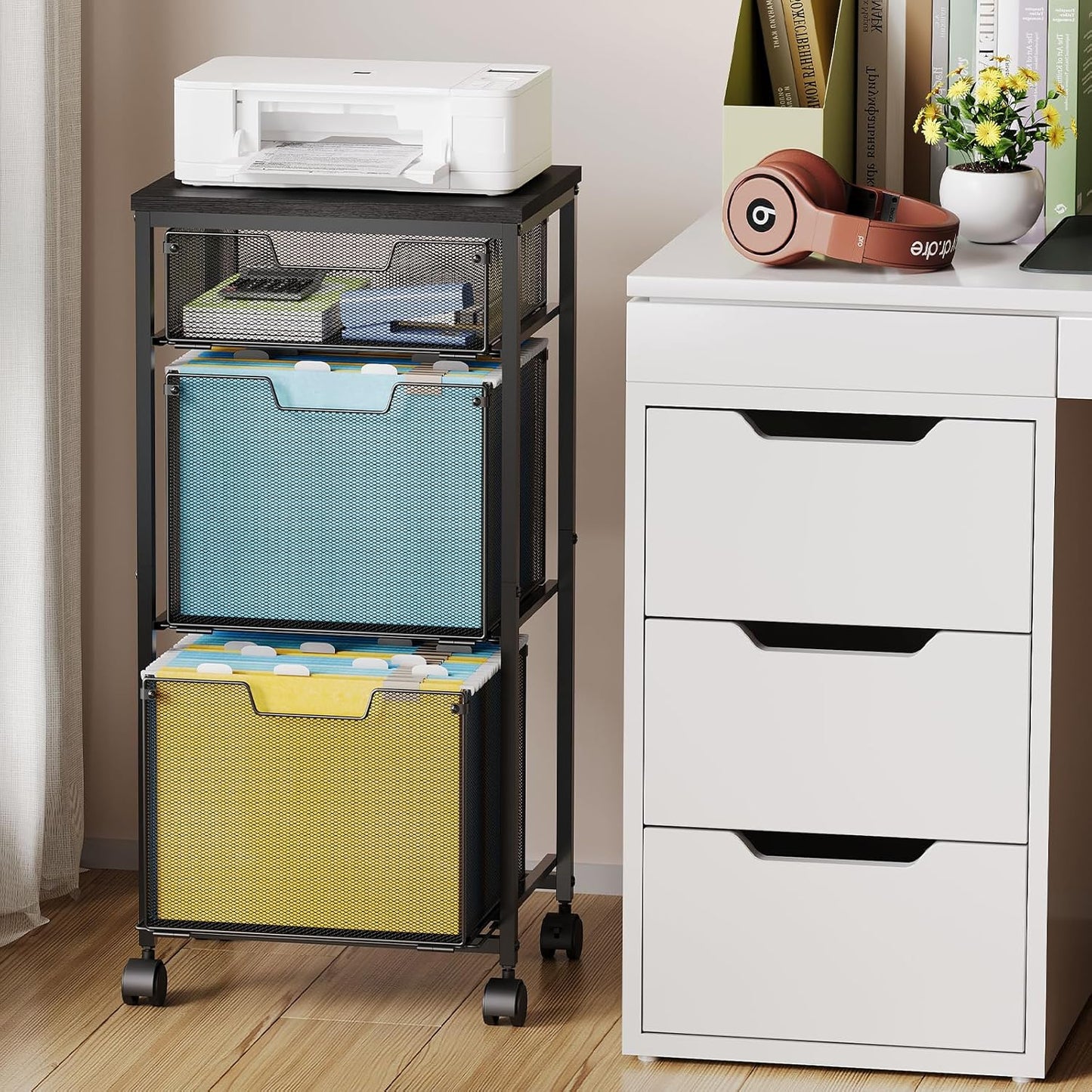 Sbanmao Rolling File Cart with 2 Storage Drawers, Mobile File Cabinet with Wheels, Hanging File Folder Organizer, Under Desk Storage, Printer Stand Utility Cart Filing Cabinet for Home Office,Black