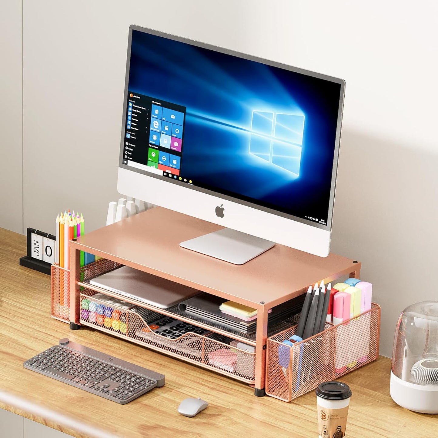 OPNICE Desk Organizer and Accessories, 2-Tier Computer Monitor Stand Riser with Drawer and 2 Pen Holders, Laptop Stand, Office Desk Accessories for Office Supplies, Black