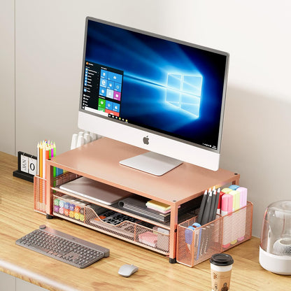 OPNICE Desk Organizer and Accessories, 2-Tier Computer Monitor Stand Riser with Drawer and 2 Pen Holders, Laptop Stand, Office Desk Accessories for Office Supplies, Black