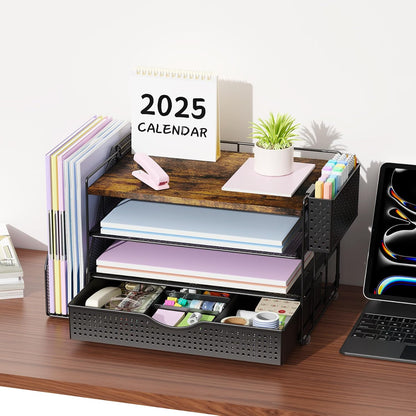 gianotter Wood Desk Organizers and Accessories with File Holder, 4-Tier Desk Accessories & Workspace Organizers with Drawer and Pen Holder, Desk Reference Organizer (Wood)