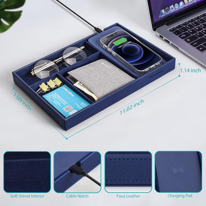 Valet Tray, Built in Wireless Charging Pad, Nightstand Organizer, Dresser Organizer, Mens Jewelry Box, Valet Charging Station, Faux Leather Valet Tray for Men and Women, (Black)