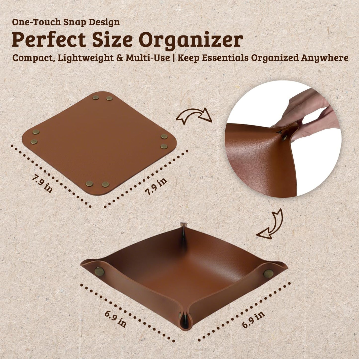 3 PACK PU Leather Jewelry Valet Tray Organizer, Foldable & Portable Catch All Bowl for Entryway Table, Nightstand, Desk & Travel | Storage Dish for Keys, Watch, Coin, Glasses (Brown)