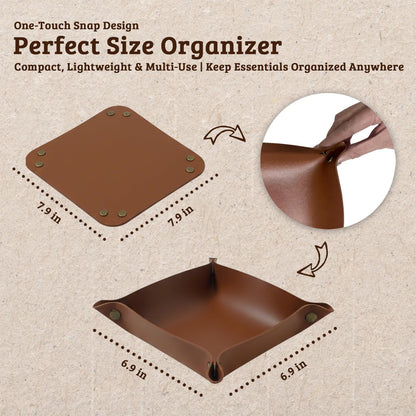 3 PACK PU Leather Jewelry Valet Tray Organizer, Foldable & Portable Catch All Bowl for Entryway Table, Nightstand, Desk & Travel | Storage Dish for Keys, Watch, Coin, Glasses (Brown)