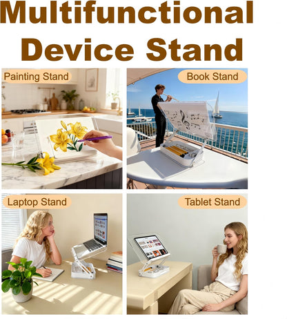 Premium Acrylic Book Stand for Reading & Cookbooks, 360° Rotating Adjustable Book Holder, Foldable Desktop Riser for Thick Textbooks, Sheet Music & Laptops, with Page Clips (Clear)