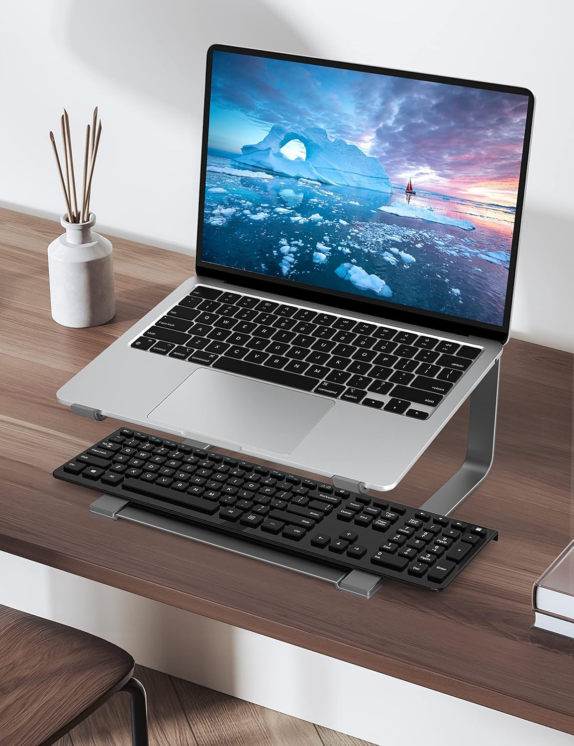 SOUNDANCE Laptop Stand for Desk, Ergonomic Metal Computer Riser for 12-17.3 Inch Laptops, Heavy Duty Stable Desktop Holder, Improves Eye Level & Workspace Organization, Silver
