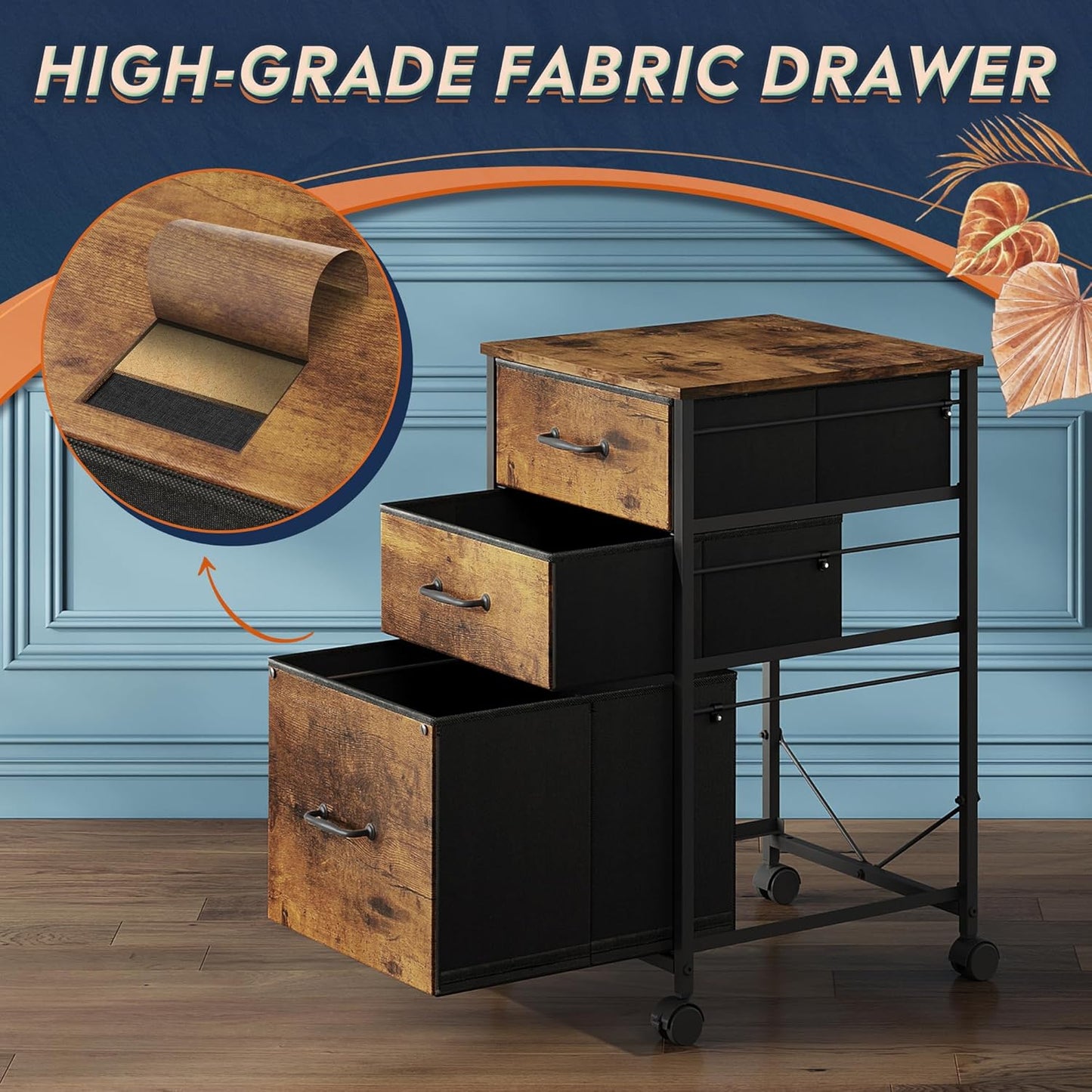 DEVAISE Mobile File Cabinet, Rolling Printer Stand with 3 Drawers, Fabric Vertical Filing Cabinet fits A4 or Letter Size for Home Office, Black