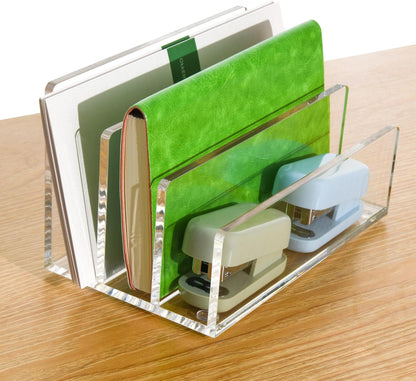 Clear Acrylic Desk Organizer – 3 Compartment Mail Holder & Letter Sorter for Office, Bills, Documents, Notebooks, Letter Tray – Modern Vertical File Rack for Home, Desk File Holder