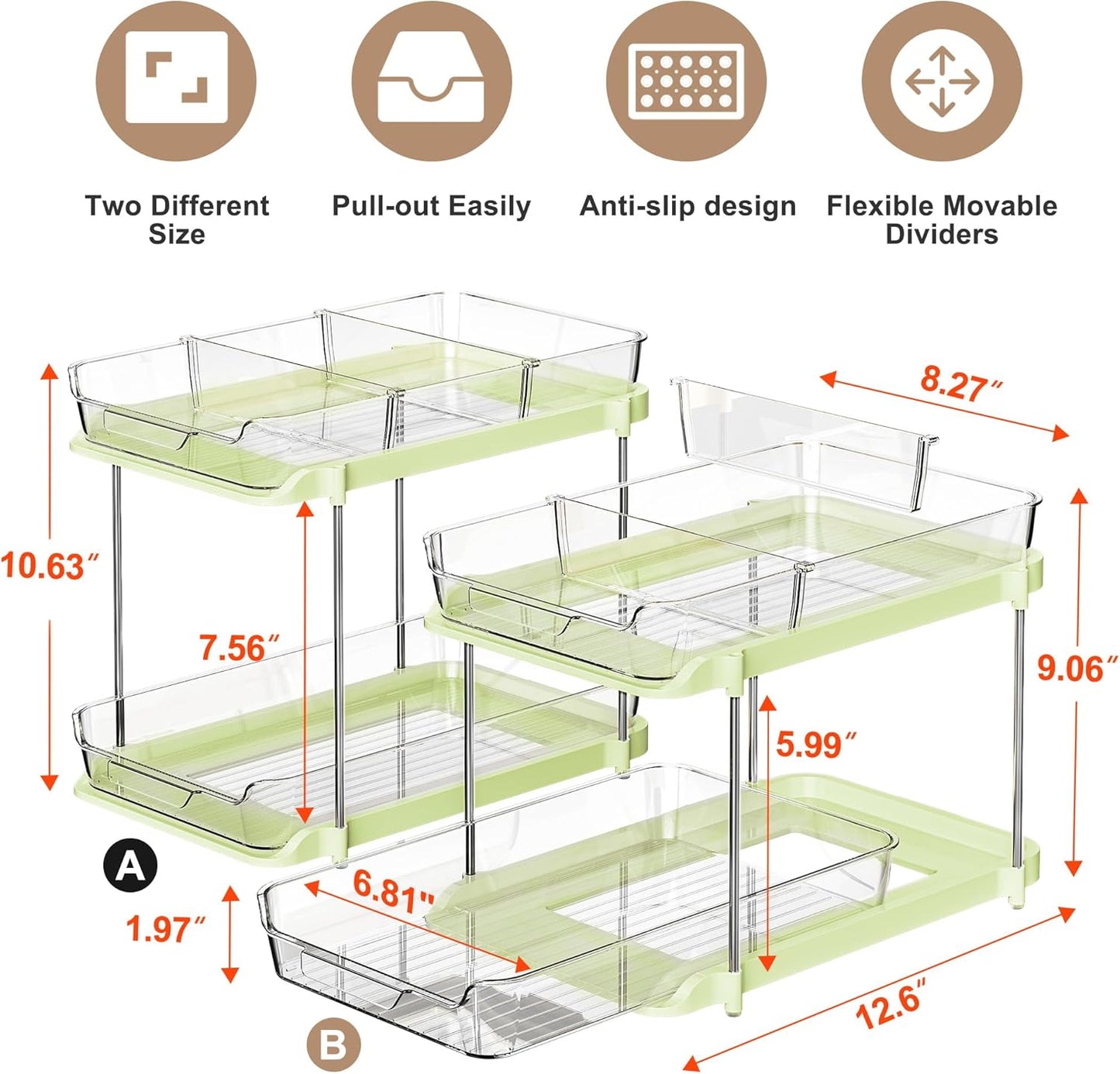 Delamu 2-Tier Multi-Purpose Bathroom Under Sink Organizers and Storage, Stackable Kitchen Pantry Organization, Pull Out Medicine Cabinet Organizer with Movable Dividers, White, 2 Pack