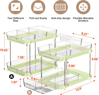 Delamu 2-Tier Multi-Purpose Bathroom Under Sink Organizers and Storage, Stackable Kitchen Pantry Organization, Pull Out Medicine Cabinet Organizer with Movable Dividers, White, 2 Pack