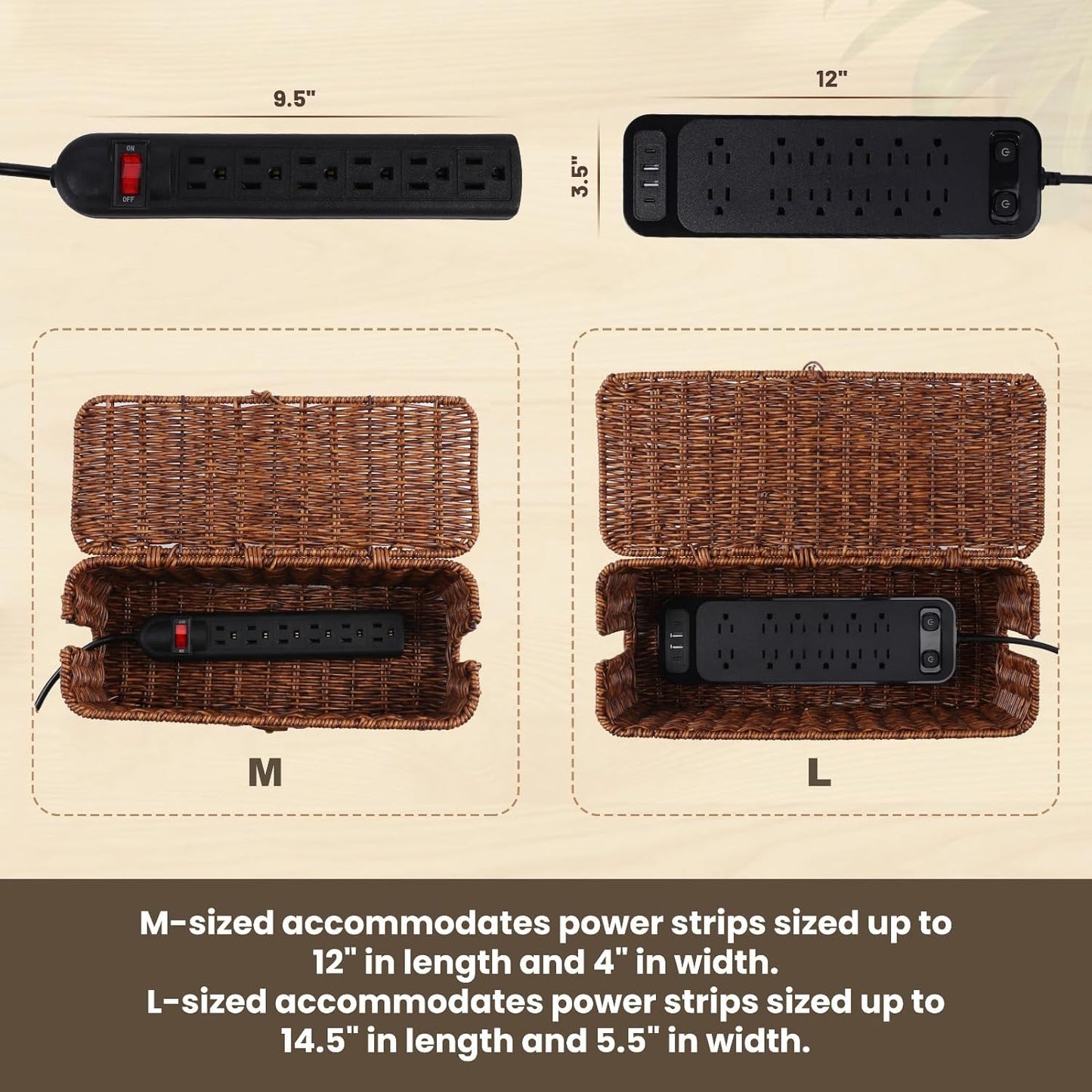 BROWNLILY Cable Management Box, Rattan Style Cord Organizer for Desk Cord Hider Outlet Covers Baby Proofing for Power Strip TV PC Router Charger Under Desk Storage with Lockable Lid and Cable Ties