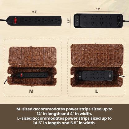 BROWNLILY Cable Management Box, Rattan Style Cord Organizer for Desk Cord Hider Outlet Covers Baby Proofing for Power Strip TV PC Router Charger Under Desk Storage with Lockable Lid and Cable Ties