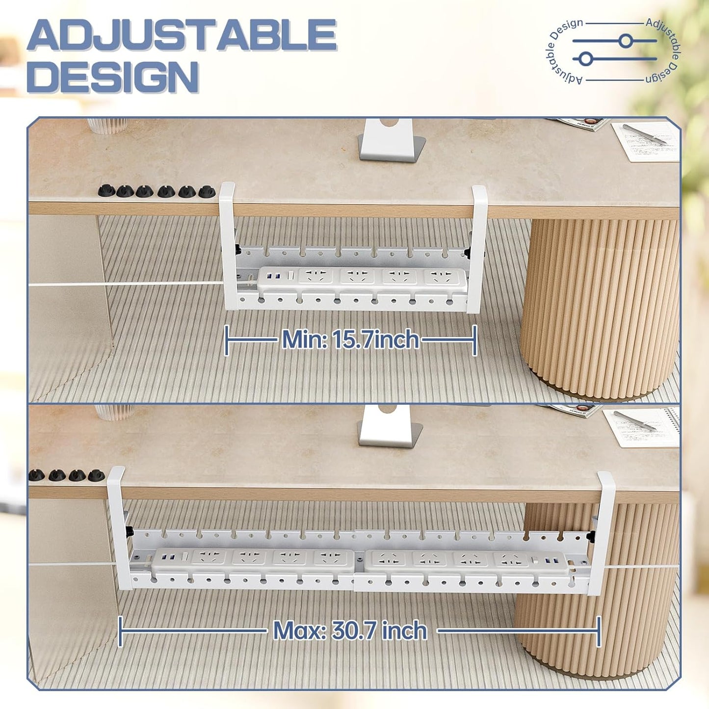 Shikha Cable Management Under Desk, 15.7"-31" Retractable Cable Management Tray, No Drilling Cord Organizer with Clamp for Desk, Under Table Wire Management Tray for Home Office -White
