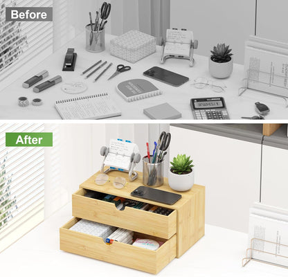 Wisuce Desk Organizer with Drawers - Bamboo Desktop Organizer Storage Natural Wood Desk Drawers Organizer for Bills, Office Supplies, Cosmetics, Seals No Assembly Required 3 Drawers（left-right)