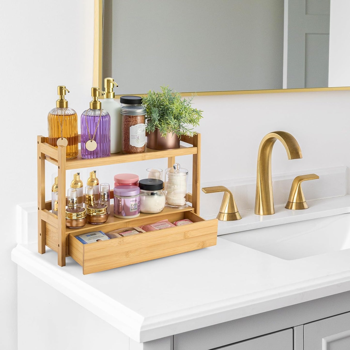 Sorbus Bamboo Bathroom Counter Organizer – 2-Tier Shelf with Hidden Drawer for Vanity, Matcha Station, Bathroom Sink Organizer Countertop, Kitchen & Office Storage (13″ L x 6.5″ W x 12.6″ H)
